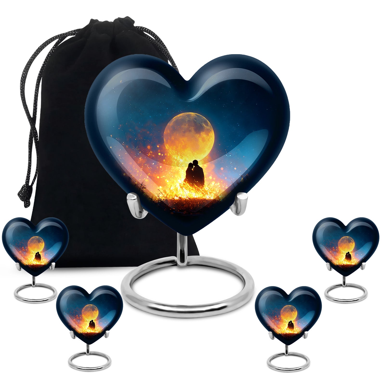 Misty Blue Campfire Cremation Urn close-up of engraving and surface detail - loving heart memorial featuring campfire pattern - memorial set with one large and four small urns