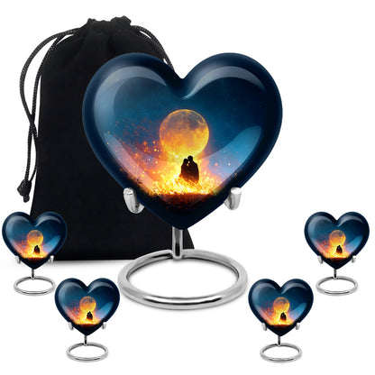 Misty Blue Campfire Cremation Urn close-up of engraving and surface detail - loving heart memorial featuring campfire pattern - memorial set with one large and four small urns