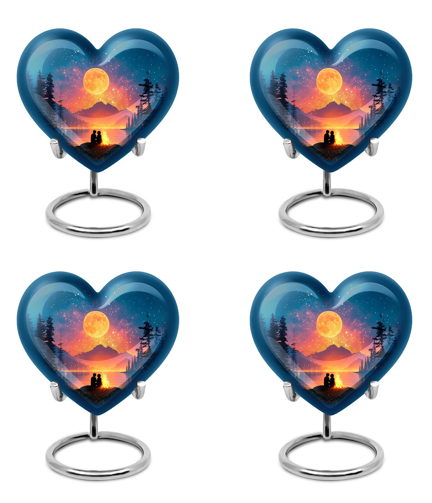 Twilight Blue Campfire Cremation Urn angled view of lid and engraved motif - romantic heart urn with campfire motif on aluminum - 10 inch aluminum urn for cremated remains