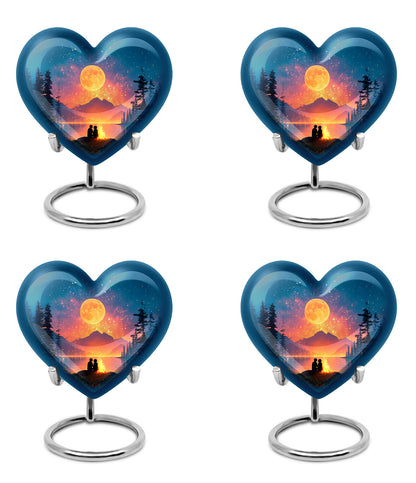 Twilight Blue Campfire Cremation Urn angled view of lid and engraved motif - romantic heart urn with campfire motif on aluminum - 10 inch aluminum urn for cremated remains