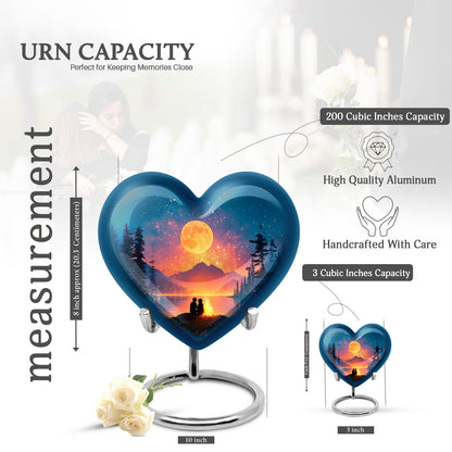 Pastel Blue Campfire Cremation Urn front view showing detailed design - heart-shaped campfire design symbolizing eternal love - mini keepsake memorial for portion of cremation ashes