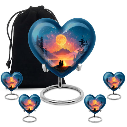 Royal Blue Campfire Cremation Urn close-up of engraving and surface detail - romantic heart urn with campfire motif on aluminum - memorial set with one large and four small urns