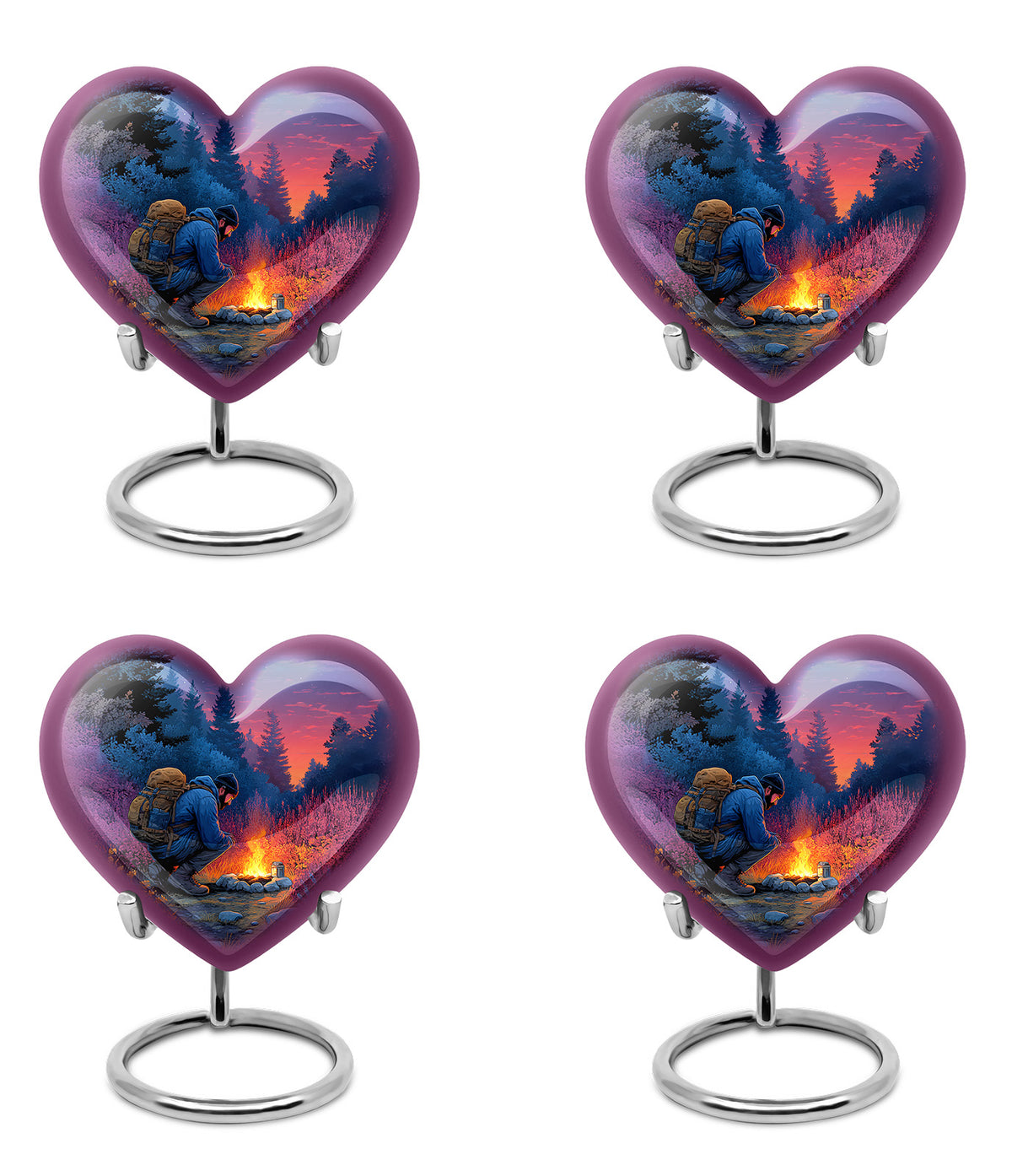Sky Blue Campfire Cremation Urn angled view of lid and engraved motif - heart-shaped campfire design symbolizing eternal love - 10 inch aluminum urn for cremated remains