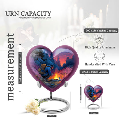 Indigo Campfire Cremation Urn front view showing detailed design - heart-shaped campfire design symbolizing eternal love - mini keepsake memorial for portion of cremation ashes
