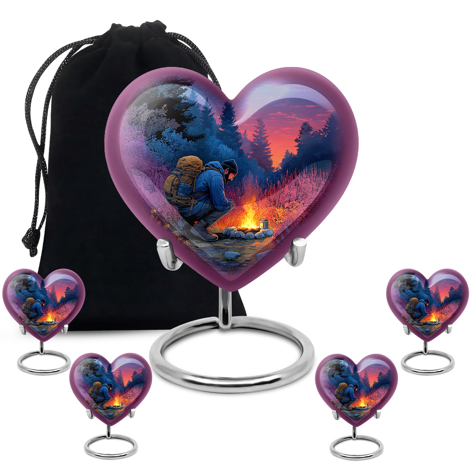 Serene Blue Campfire Cremation Urn close-up of engraving and surface detail - romantic heart urn with campfire motif on aluminum - memorial set with one large and four small urns