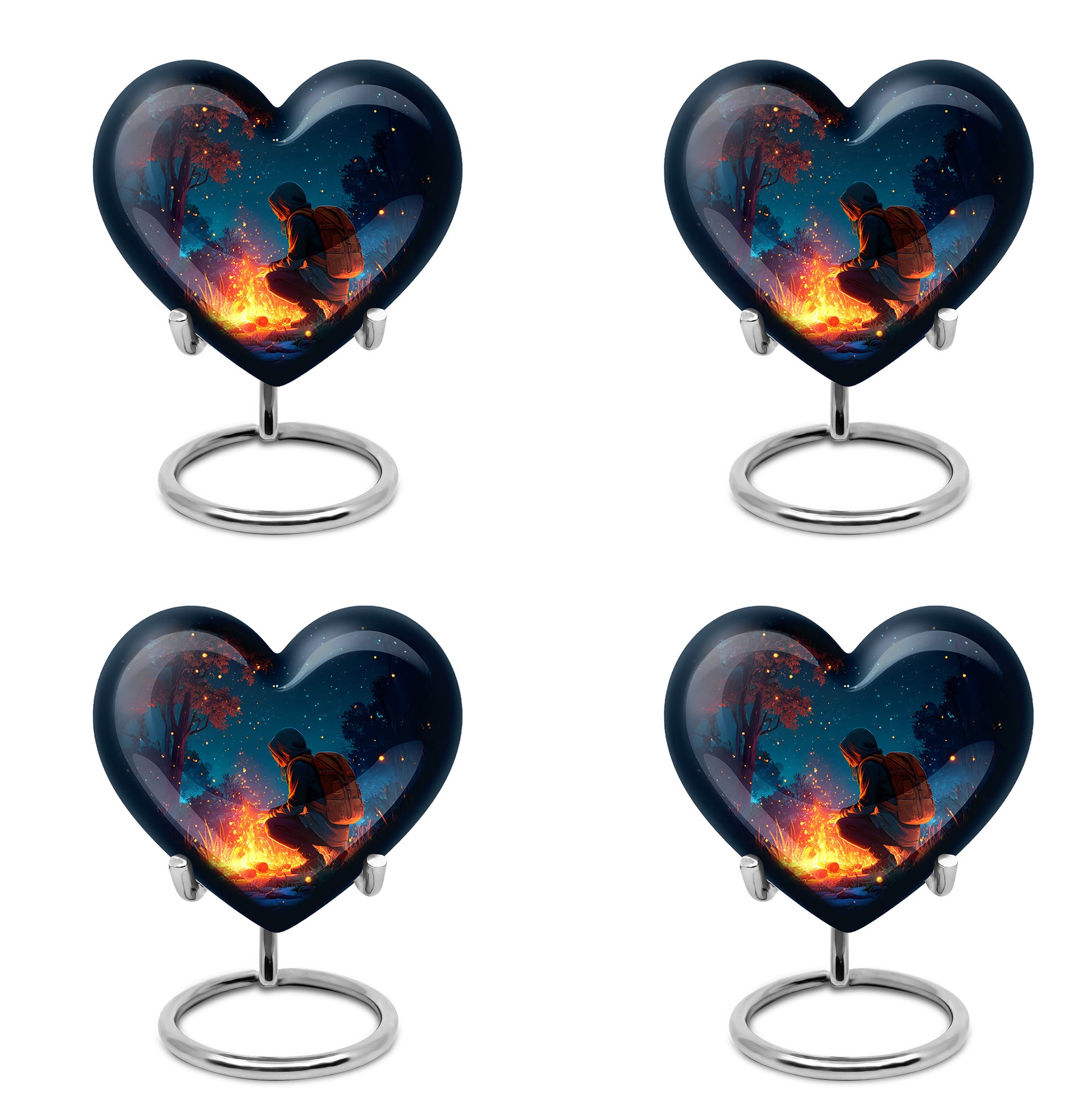 Icy Blue Campfire Cremation Urn angled view of lid and engraved motif - heart-shaped campfire design symbolizing eternal love - 10 inch aluminum urn for cremated remains