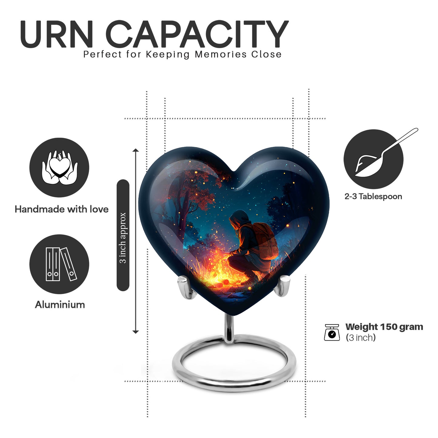 Indigo Campfire Cremation Urn front view showing detailed design - loving heart memorial featuring campfire pattern - mini keepsake memorial for portion of cremation ashes
