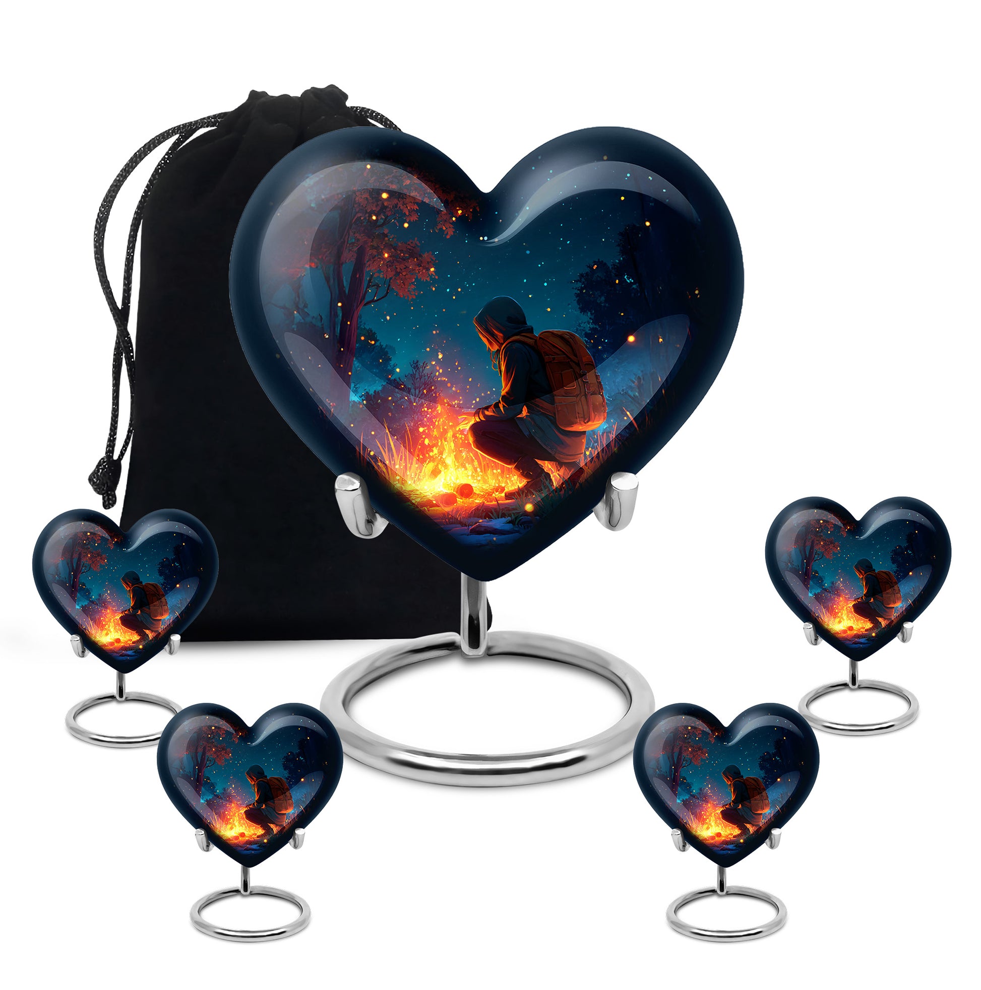 Cobalt Blue Campfire Cremation Urn close-up of engraving and surface detail - romantic heart urn with campfire motif on aluminum - memorial set with one large and four small urns