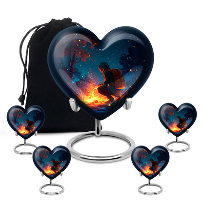 Cobalt Blue Campfire Cremation Urn close-up of engraving and surface detail - romantic heart urn with campfire motif on aluminum - memorial set with one large and four small urns