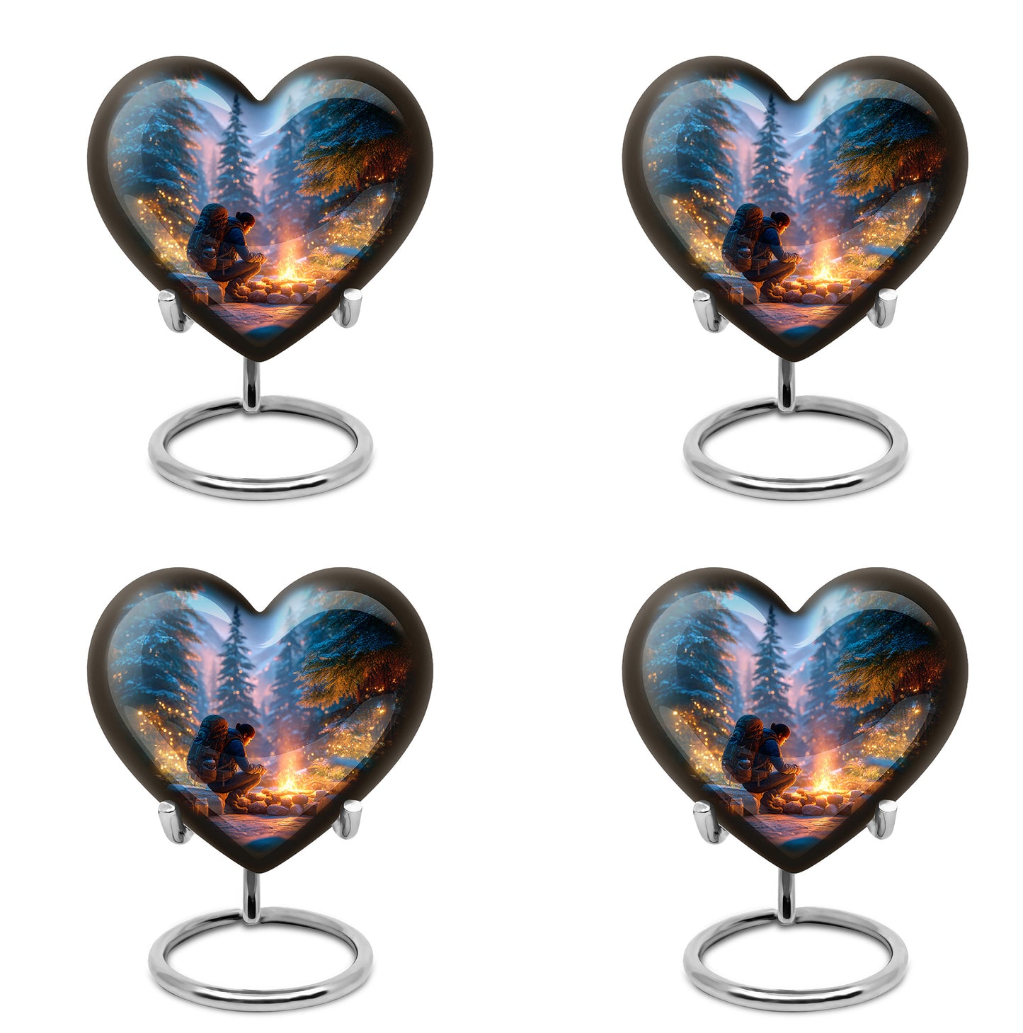 Dusty Blue Campfire Cremation Urn angled view of lid and engraved motif - loving heart memorial featuring campfire pattern - 10 inch aluminum urn for cremated remains
