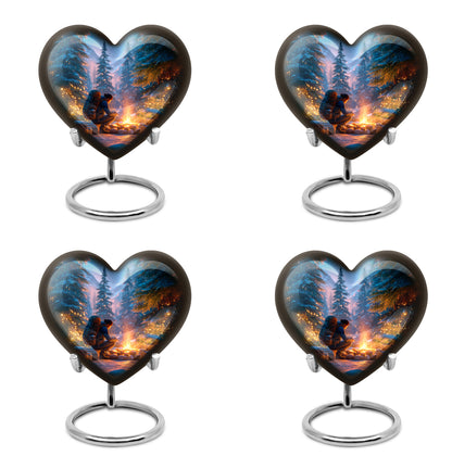 Dusty Blue Campfire Cremation Urn angled view of lid and engraved motif - loving heart memorial featuring campfire pattern - 10 inch aluminum urn for cremated remains