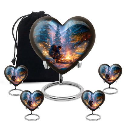 Steel Blue Campfire Cremation Urn close-up of engraving and surface detail - romantic heart urn with campfire motif on aluminum - memorial set with one large and four small urns