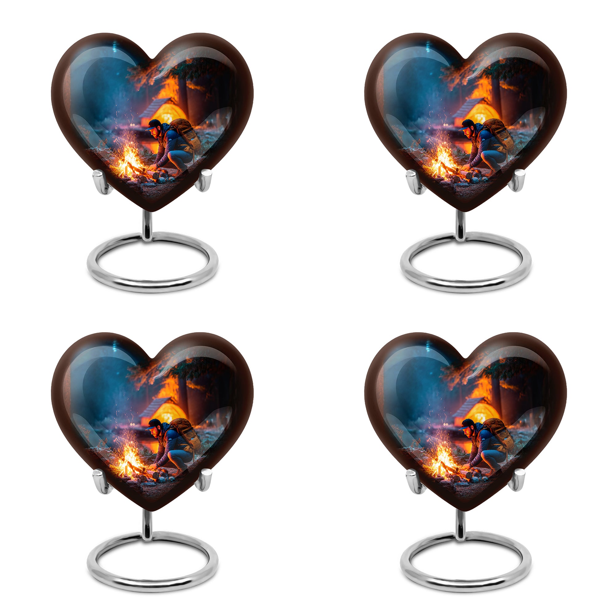 Indigo Campfire Cremation Urn angled view of lid and engraved motif - loving heart memorial featuring campfire pattern - 10 inch aluminum urn for cremated remains