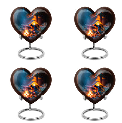 Indigo Campfire Cremation Urn angled view of lid and engraved motif - loving heart memorial featuring campfire pattern - 10 inch aluminum urn for cremated remains
