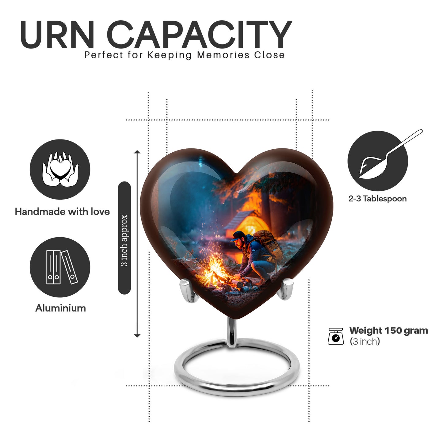 Royal Blue Campfire Cremation Urn front view showing detailed design - romantic heart urn with campfire motif on aluminum - mini keepsake memorial for portion of cremation ashes