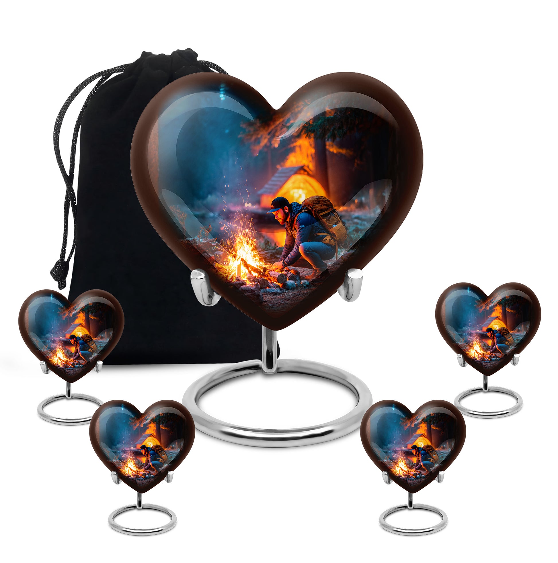 Serene Blue Campfire Cremation Urn close-up of engraving and surface detail - compassionate heart-campfire combination with gentle curves - memorial set with one large and four small urns