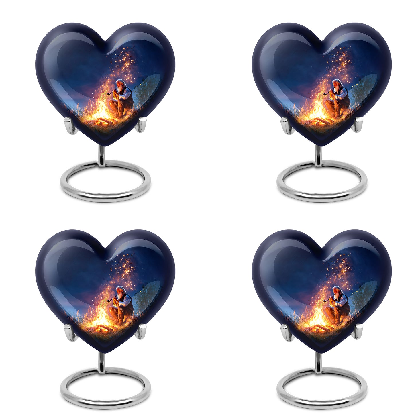 Misty Blue Campfire Cremation Urn angled view of lid and engraved motif - loving heart memorial featuring campfire pattern - 10 inch aluminum urn for cremated remains