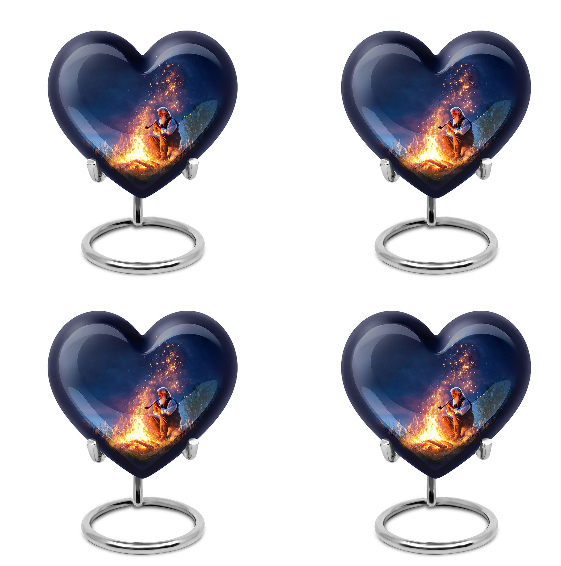 Misty Blue Campfire Cremation Urn angled view of lid and engraved motif - loving heart memorial featuring campfire pattern - 10 inch aluminum urn for cremated remains