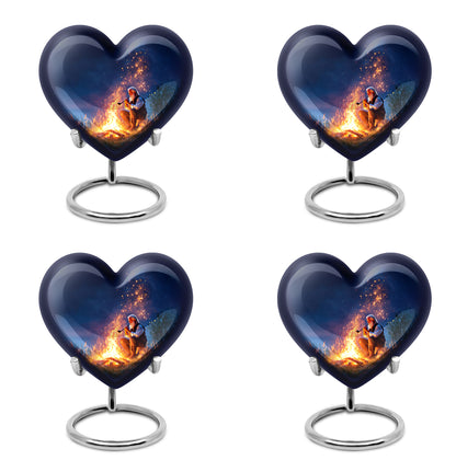 Misty Blue Campfire Cremation Urn angled view of lid and engraved motif - loving heart memorial featuring campfire pattern - 10 inch aluminum urn for cremated remains
