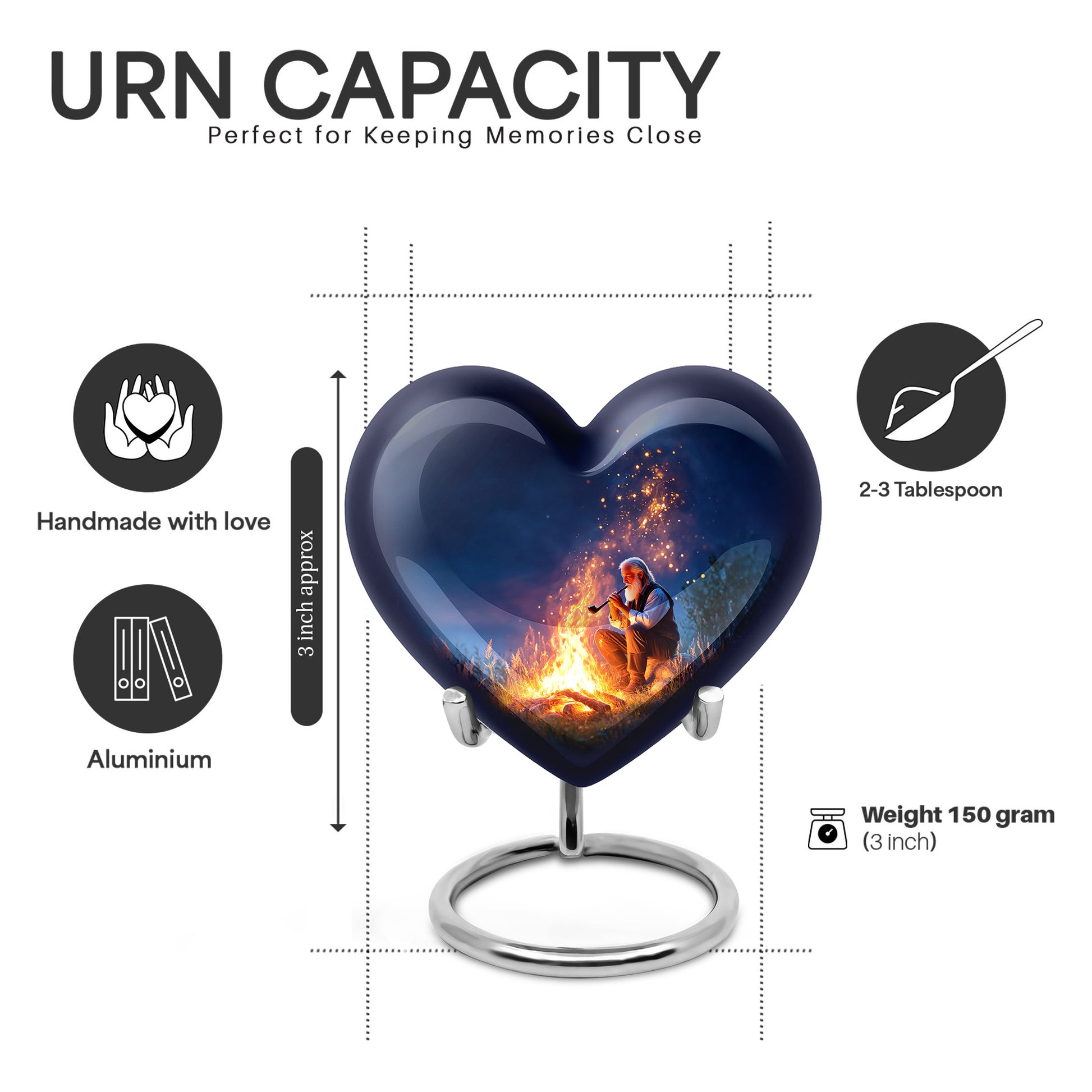 Calming Blue Campfire Cremation Urn front view showing detailed design - compassionate heart-campfire combination with gentle curves - mini keepsake memorial for portion of cremation ashes