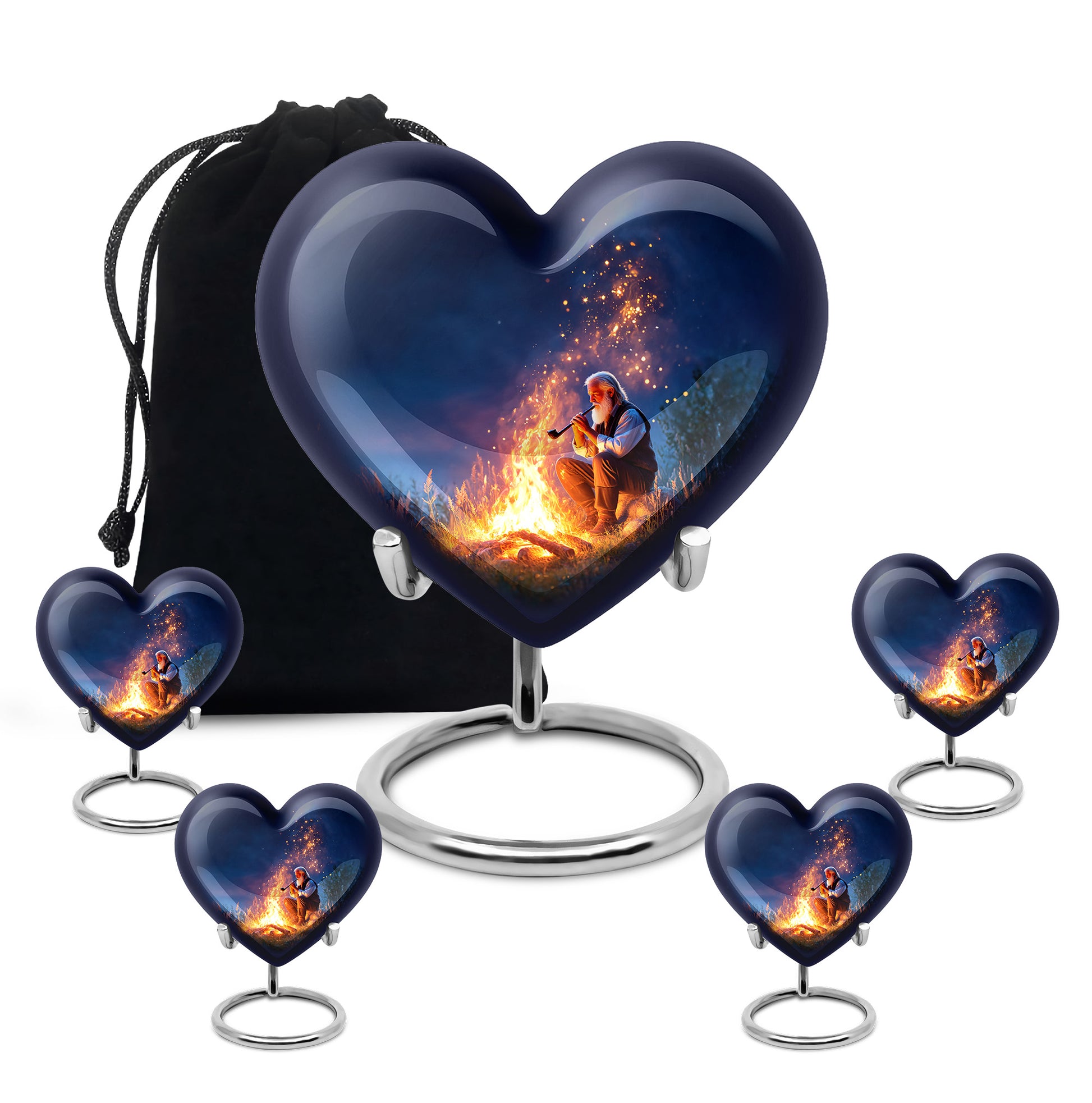 Cobalt Blue Campfire Cremation Urn close-up of engraving and surface detail - compassionate heart-campfire combination with gentle curves - memorial set with one large and four small urns
