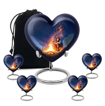 Cobalt Blue Campfire Cremation Urn close-up of engraving and surface detail - compassionate heart-campfire combination with gentle curves - memorial set with one large and four small urns