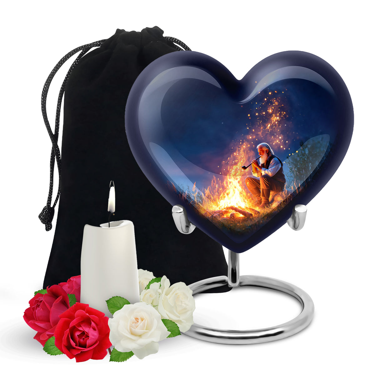 Slate Blue Campfire Cremation Urn detail view - heart-shaped campfire design symbolizing eternal love - full-size 10 inch 200 cubic inch adult cremation urn