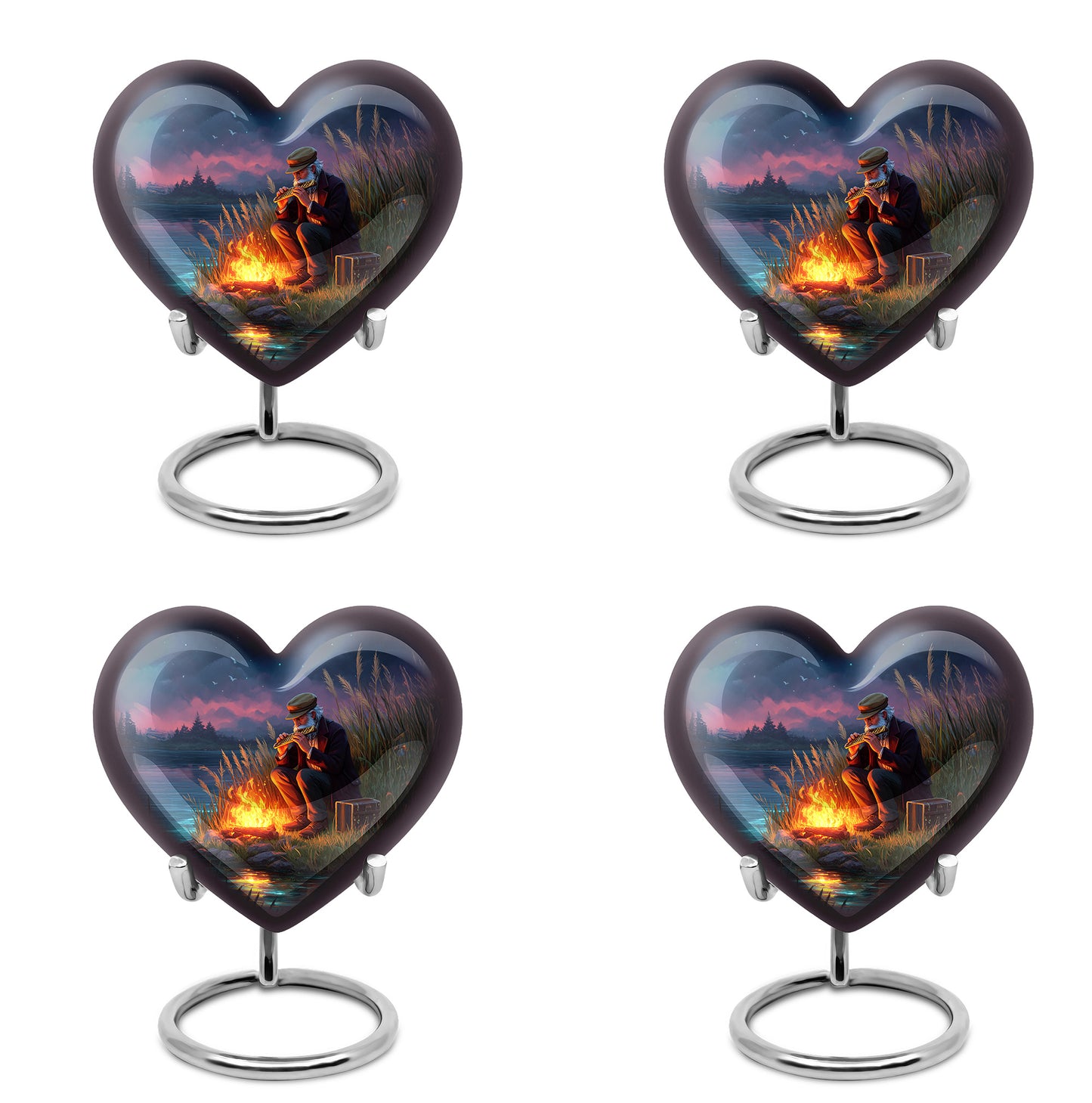 Slate Blue Campfire Cremation Urn angled view of lid and engraved motif - loving heart memorial featuring campfire pattern - 10 inch aluminum urn for cremated remains