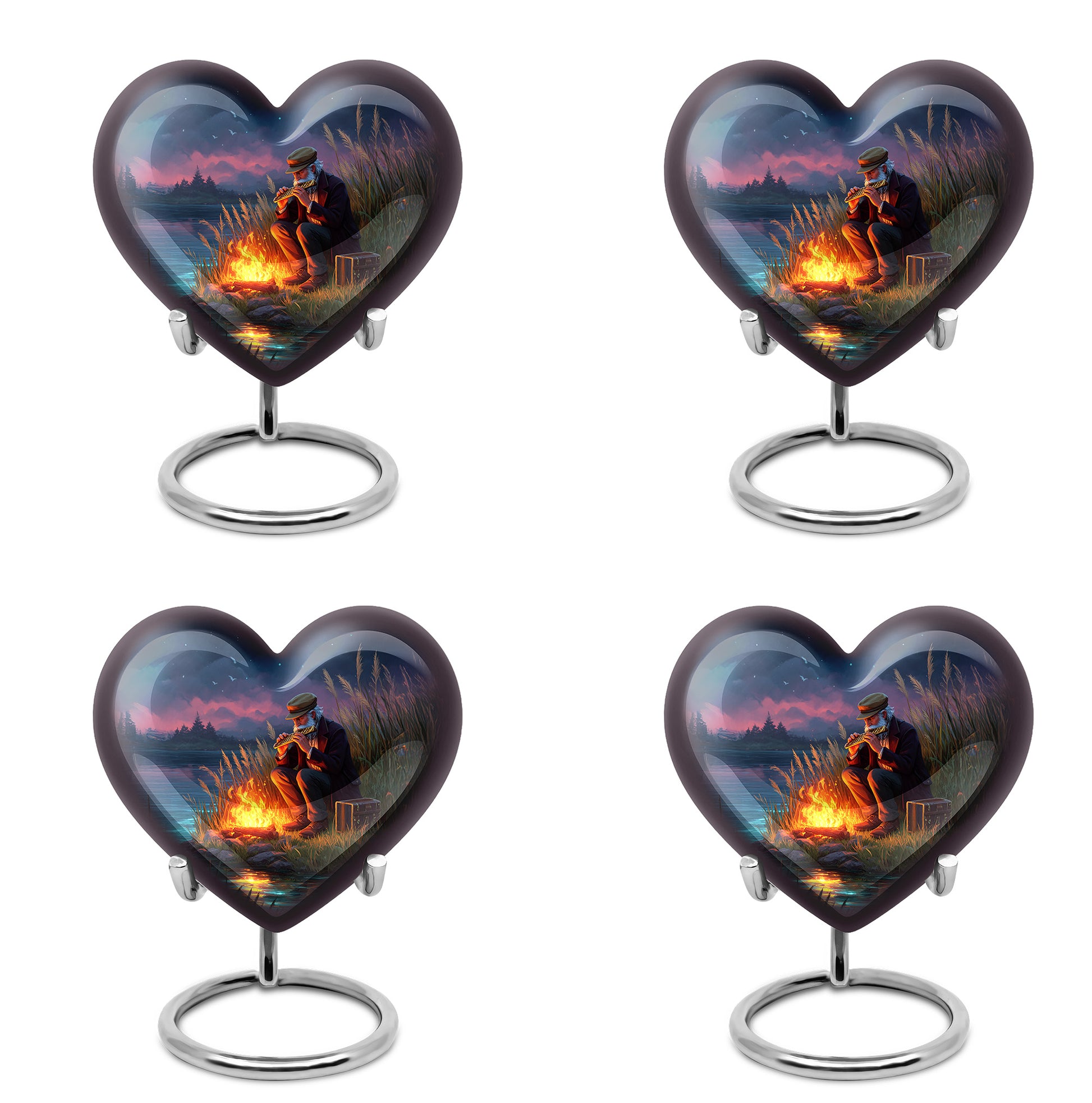 Slate Blue Campfire Cremation Urn angled view of lid and engraved motif - loving heart memorial featuring campfire pattern - 10 inch aluminum urn for cremated remains