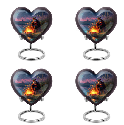 Slate Blue Campfire Cremation Urn angled view of lid and engraved motif - loving heart memorial featuring campfire pattern - 10 inch aluminum urn for cremated remains