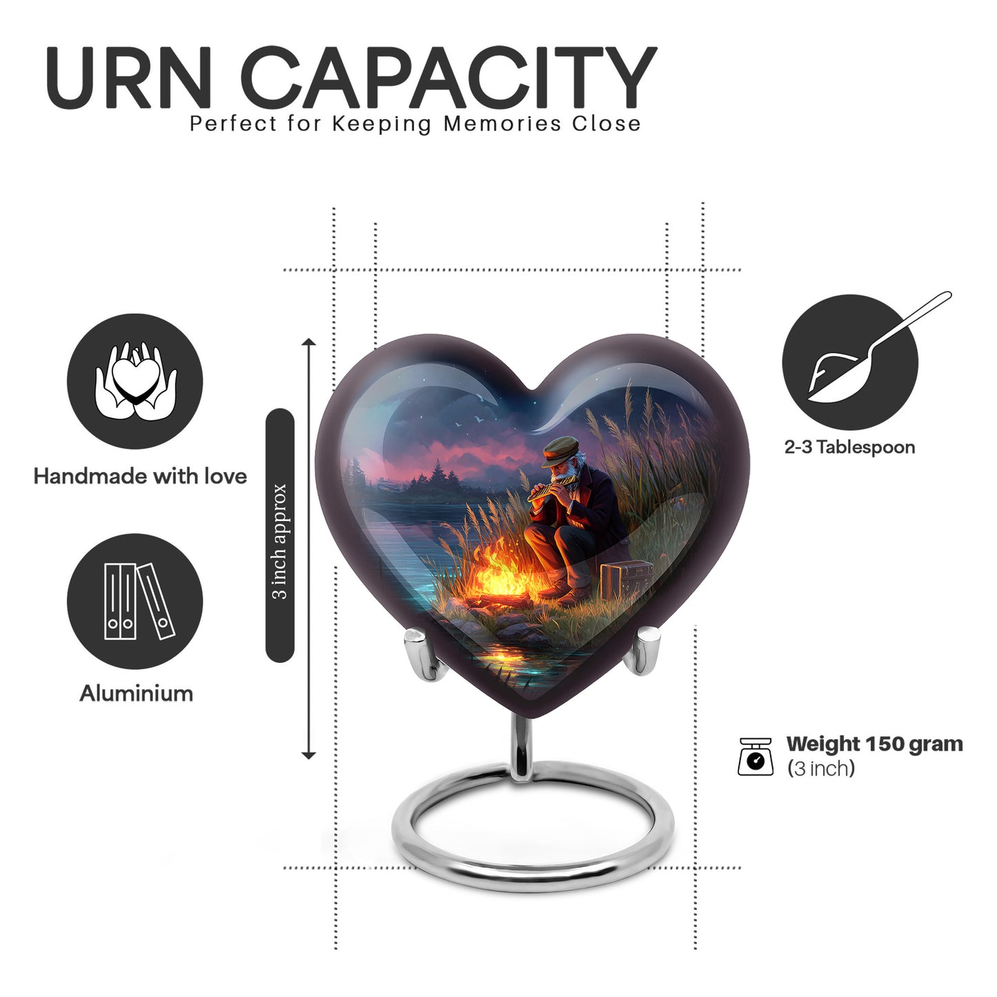 Serene Blue Campfire Cremation Urn front view showing detailed design - romantic heart urn with campfire motif on aluminum - mini keepsake memorial for portion of cremation ashes