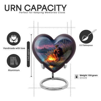 Serene Blue Campfire Cremation Urn front view showing detailed design - romantic heart urn with campfire motif on aluminum - mini keepsake memorial for portion of cremation ashes
