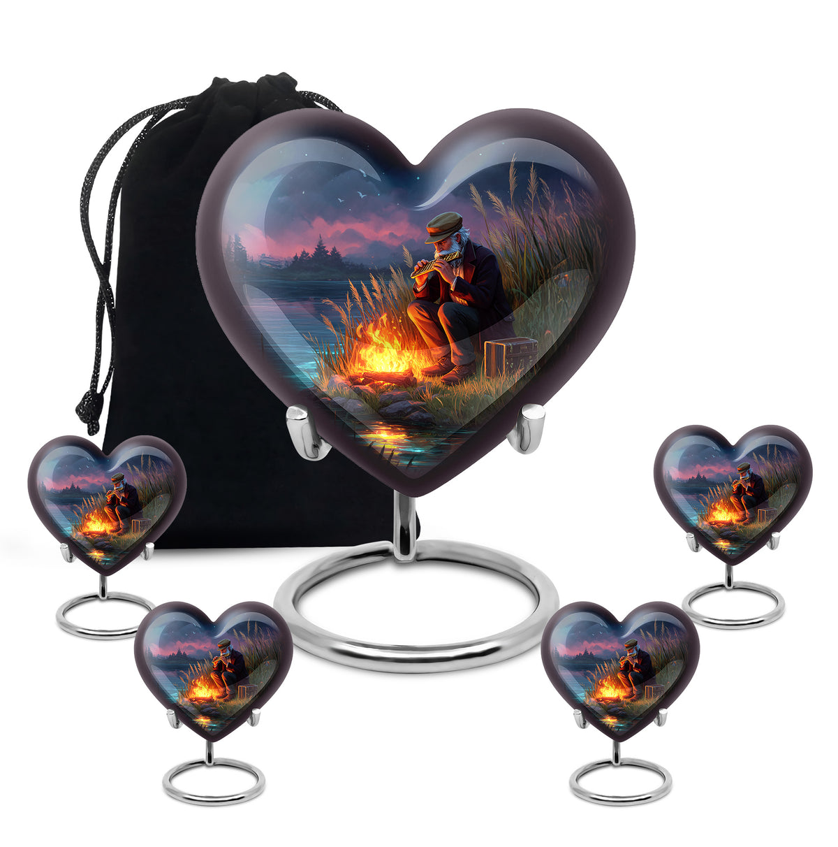 Soft Blue Campfire Cremation Urn close-up of engraving and surface detail - romantic heart urn with campfire motif on aluminum - memorial set with one large and four small urns