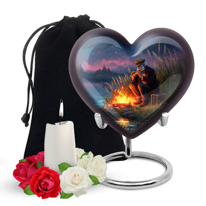 Navy Blue Campfire Cremation Urn detail view - heart-shaped campfire design symbolizing eternal love - full-size 10 inch 200 cubic inch adult cremation urn