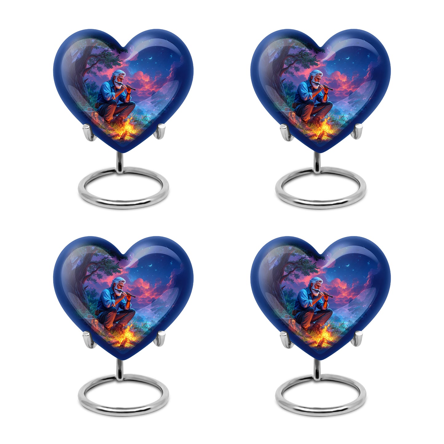 Cobalt Blue Campfire Cremation Urn angled view of lid and engraved motif - romantic heart urn with campfire motif on aluminum - 10 inch aluminum urn for cremated remains