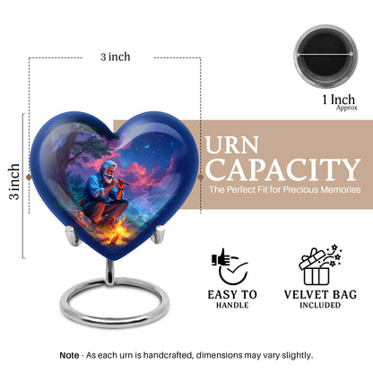Dusty Blue Campfire Cremation Urn front view showing detailed design - loving heart memorial featuring campfire pattern - mini keepsake memorial for portion of cremation ashes