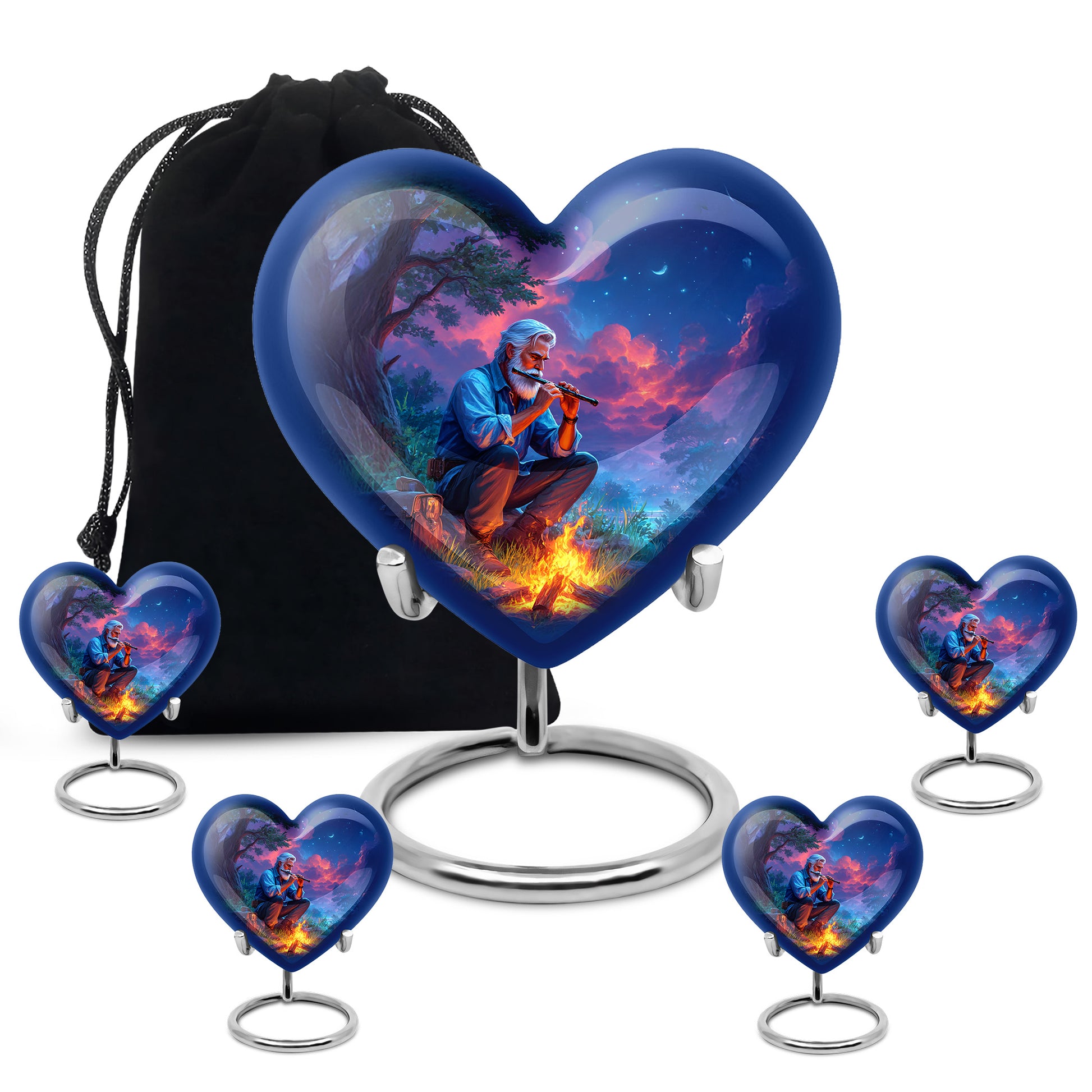 Soft Blue Campfire Cremation Urn close-up of engraving and surface detail - romantic heart urn with campfire motif on aluminum - memorial set with one large and four small urns