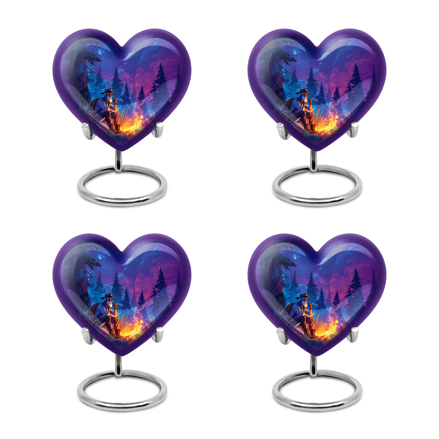 Misty Blue Campfire Cremation Urn angled view of lid and engraved motif - heart-shaped campfire design symbolizing eternal love - 10 inch aluminum urn for cremated remains