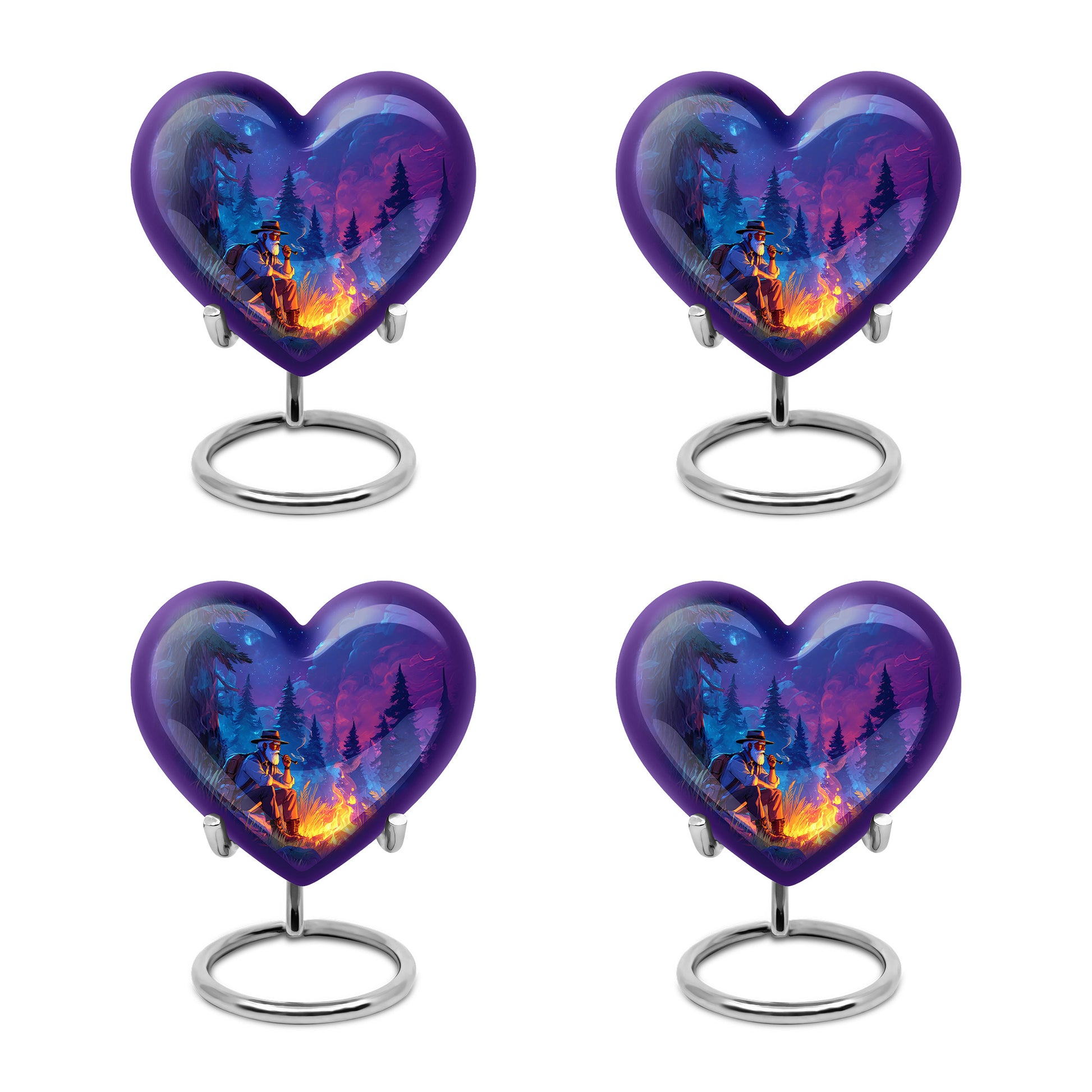Misty Blue Campfire Cremation Urn angled view of lid and engraved motif - heart-shaped campfire design symbolizing eternal love - 10 inch aluminum urn for cremated remains