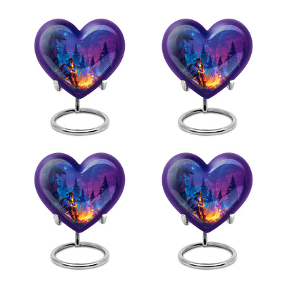Misty Blue Campfire Cremation Urn angled view of lid and engraved motif - heart-shaped campfire design symbolizing eternal love - 10 inch aluminum urn for cremated remains