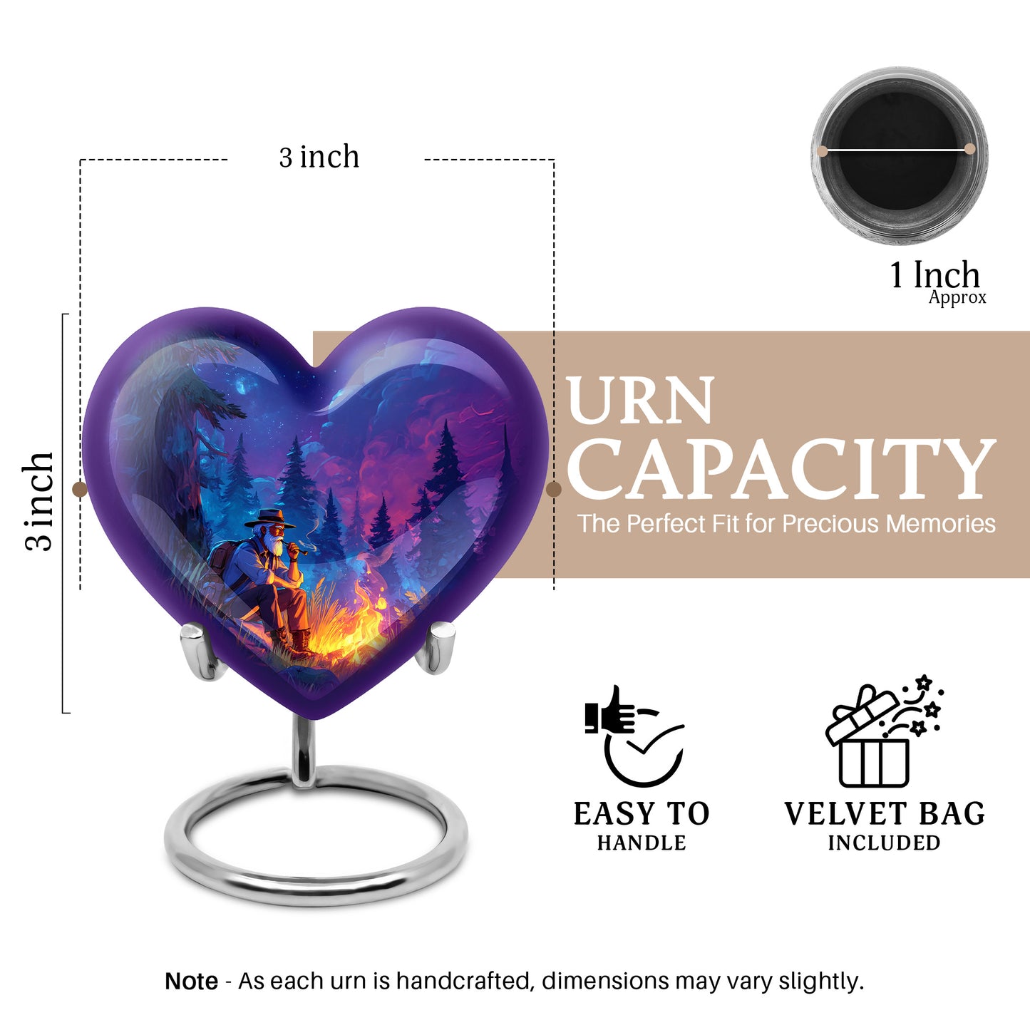 Vivid Blue Campfire Cremation Urn front view showing detailed design - compassionate heart-campfire combination with gentle curves - mini keepsake memorial for portion of cremation ashes