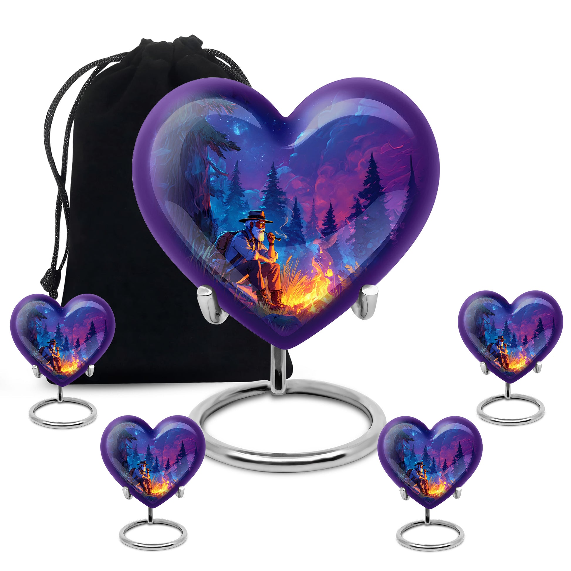 Dusty Blue Campfire Cremation Urn close-up of engraving and surface detail - loving heart memorial featuring campfire pattern - memorial set with one large and four small urns