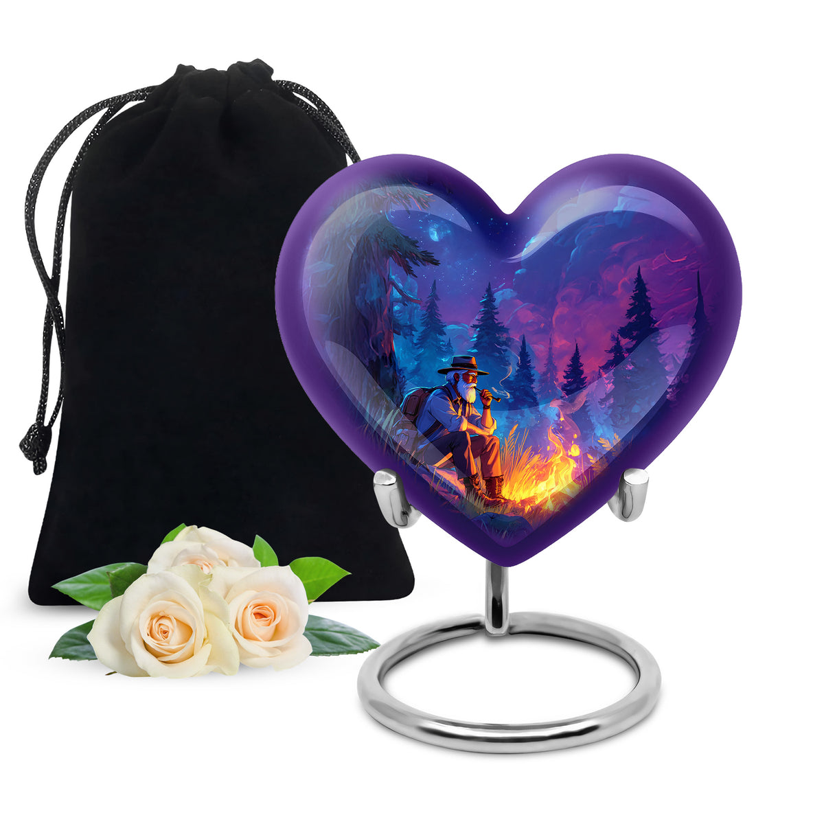 Slate Blue Campfire Cremation Urn detail view - loving heart memorial featuring campfire pattern - full-size 10 inch 200 cubic inch adult cremation urn