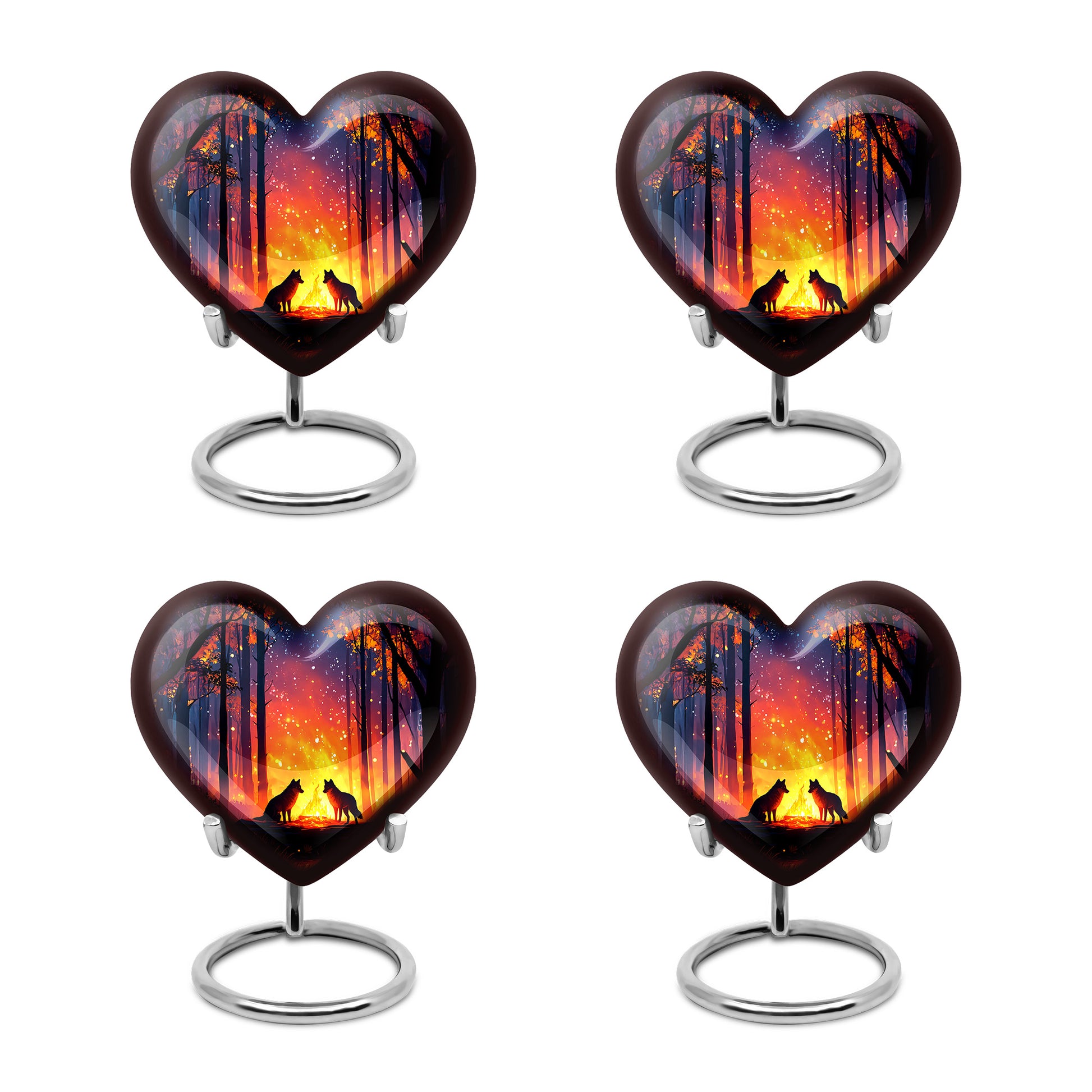 Soft Blue Campfire Cremation Urn angled view of lid and engraved motif - romantic heart urn with campfire motif on aluminum - 10 inch aluminum urn for cremated remains