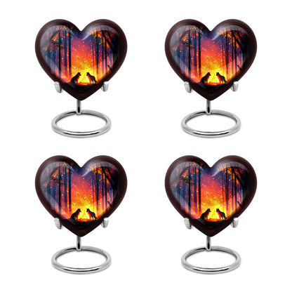 Soft Blue Campfire Cremation Urn angled view of lid and engraved motif - romantic heart urn with campfire motif on aluminum - 10 inch aluminum urn for cremated remains