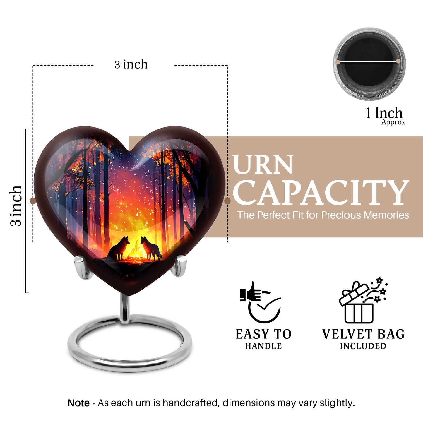 Slate Blue Campfire Cremation Urn front view showing detailed design - loving heart memorial featuring campfire pattern - mini keepsake memorial for portion of cremation ashes