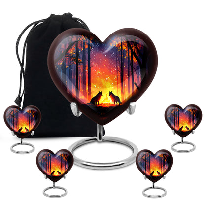 Dusty Blue Campfire Cremation Urn close-up of engraving and surface detail - loving heart memorial featuring campfire pattern - memorial set with one large and four small urns