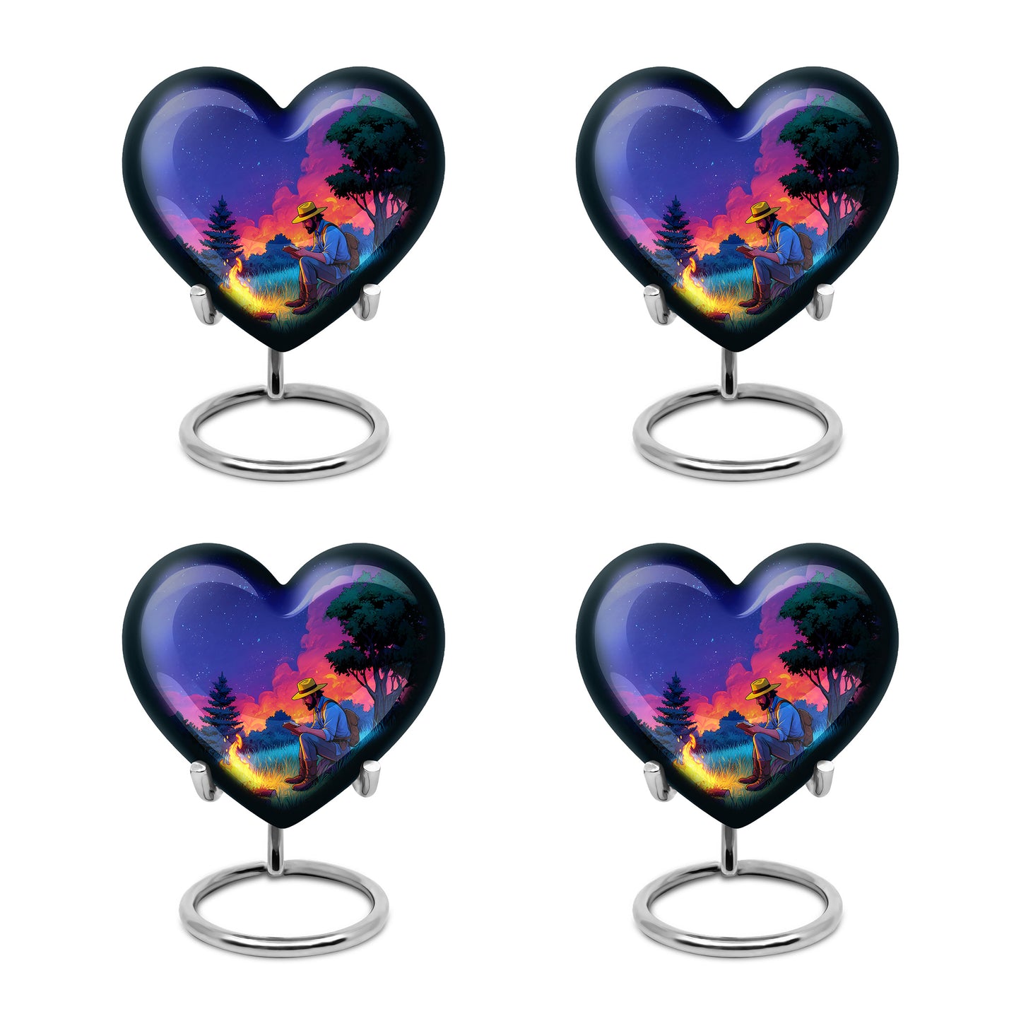 Celestial Blue Campfire Cremation Urn angled view of lid and engraved motif - loving heart memorial featuring campfire pattern - 10 inch aluminum urn for cremated remains