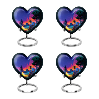 Celestial Blue Campfire Cremation Urn angled view of lid and engraved motif - loving heart memorial featuring campfire pattern - 10 inch aluminum urn for cremated remains