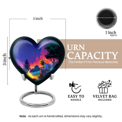 Royal Blue Campfire Cremation Urn front view showing detailed design - romantic heart urn with campfire motif on aluminum - mini keepsake memorial for portion of cremation ashes